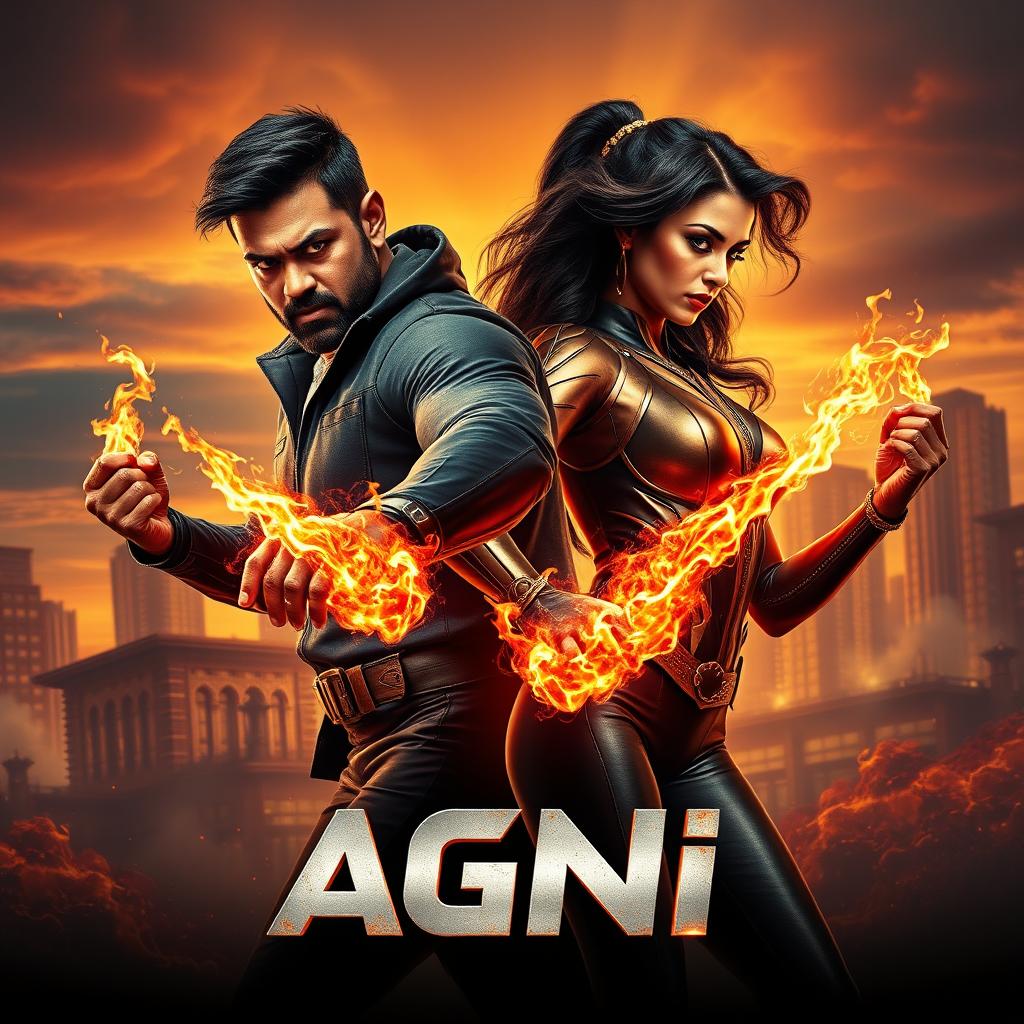 A cinematic sci-fi action superhero film poster titled 'AGNI'