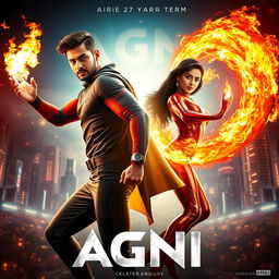 A striking superhero film poster titled 'AGNI', featuring a 27-year-old Indian man and a 27-year-old Indian woman, both adorned in modern sci-fi superhero costumes that reflect fiery power