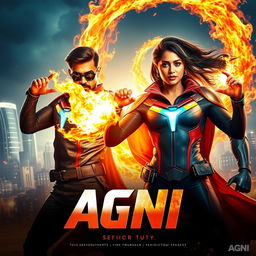 A striking superhero film poster titled 'AGNI', featuring a 27-year-old Indian man and a 27-year-old Indian woman, both adorned in modern sci-fi superhero costumes that reflect fiery power