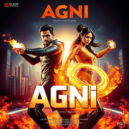 A striking superhero film poster titled 'AGNI', featuring a 27-year-old Indian man and a 27-year-old Indian woman, both adorned in modern sci-fi superhero costumes that reflect fiery power