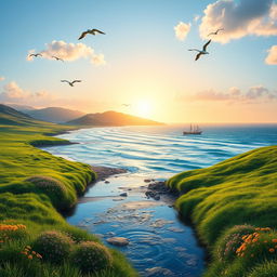 A stunning landscape depicting the gentle confluence of a river flowing into the vast ocean