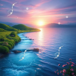 A mystical landscape representing the spiritual connection between a river and the ocean