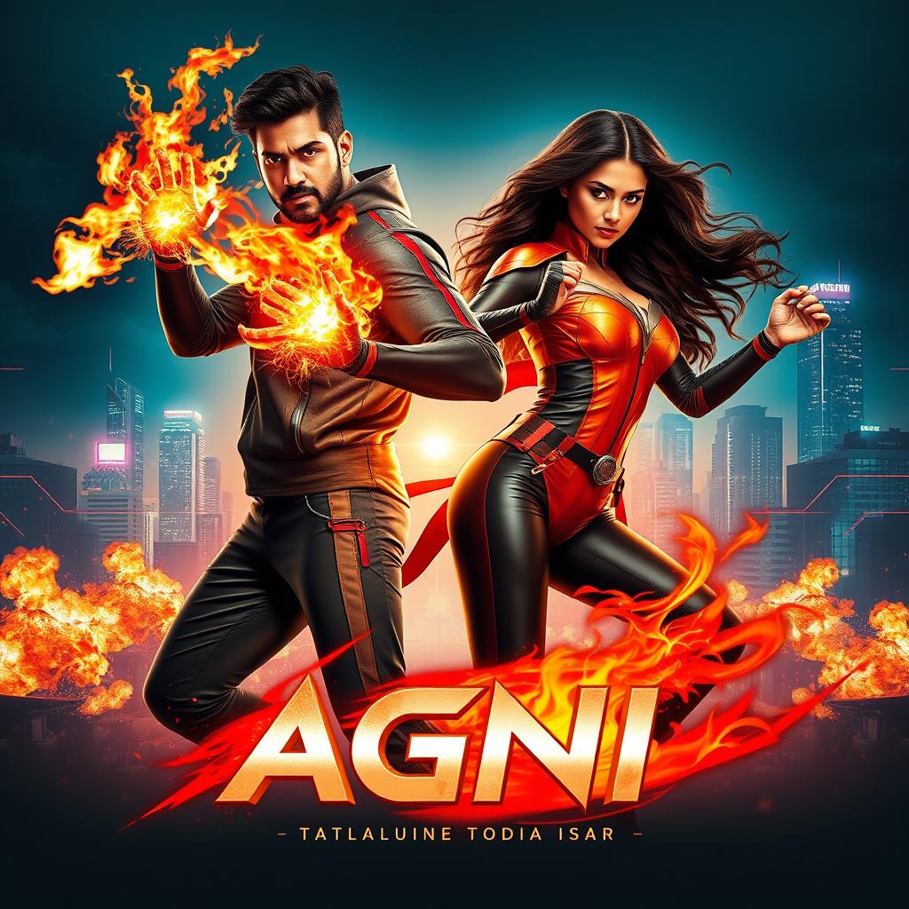 A dynamic cinematic sci-fi action superhero film poster named 'Agni'