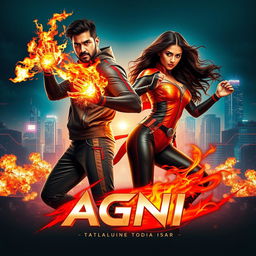 A dynamic cinematic sci-fi action superhero film poster named 'Agni'