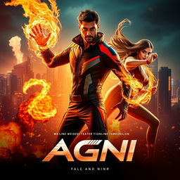 A dynamic cinematic sci-fi action superhero film poster named 'Agni'