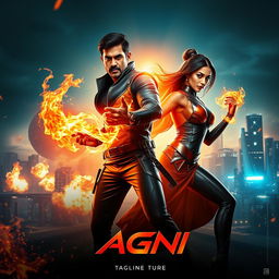 A dynamic cinematic sci-fi action superhero film poster named 'Agni'