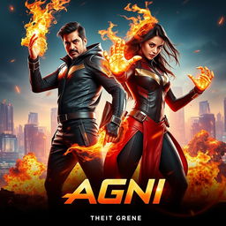 A dynamic cinematic sci-fi action superhero film poster named 'Agni'