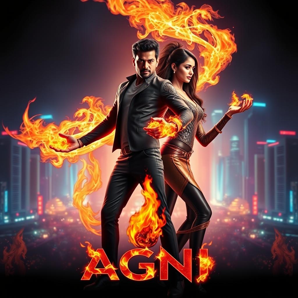 An exhilarating cinematic sci-fi action superhero film poster titled 'Agni'