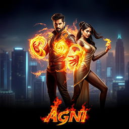 An exhilarating cinematic sci-fi action superhero film poster titled 'Agni'