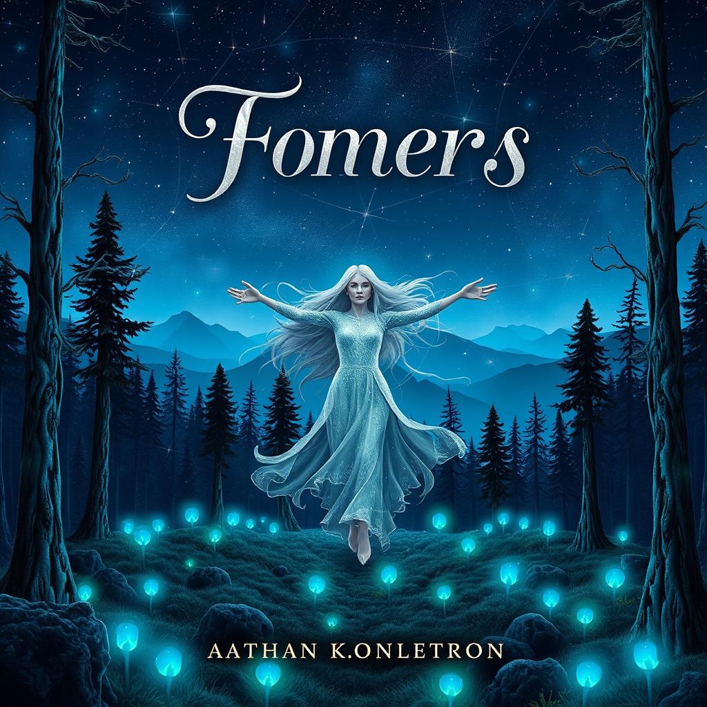 An engaging book cover design featuring a mystical forest landscape under a starry night sky