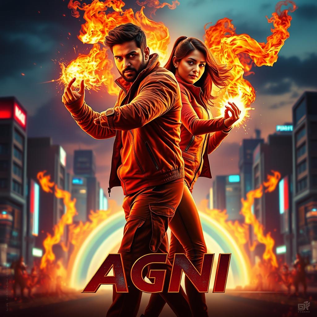 An electrifying cinematic sci-fi action superhero film poster titled 'Agni'