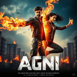 A stunning cinematic sci-fi action superhero film poster titled 'AGNI'