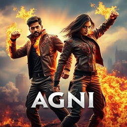 A stunning cinematic sci-fi action superhero film poster titled 'AGNI'