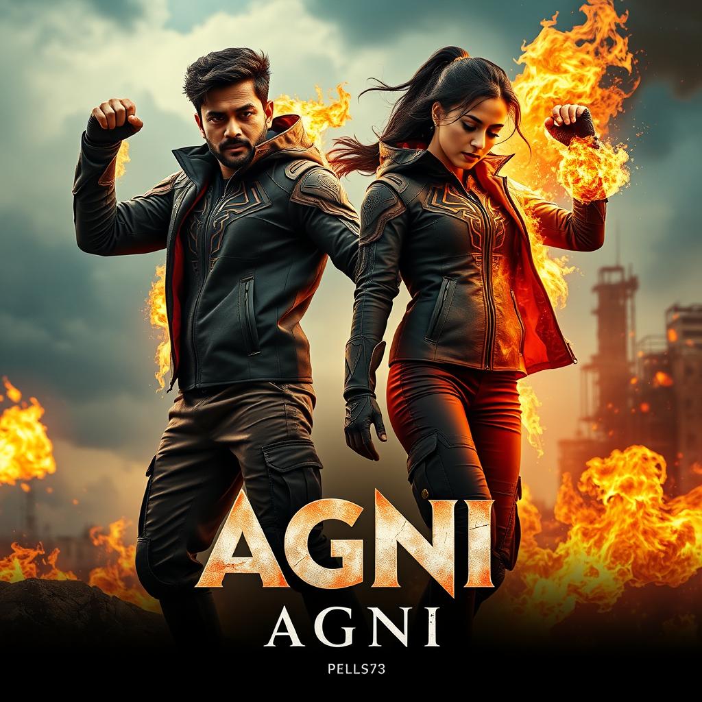 A stunning cinematic sci-fi action superhero film poster titled 'AGNI'