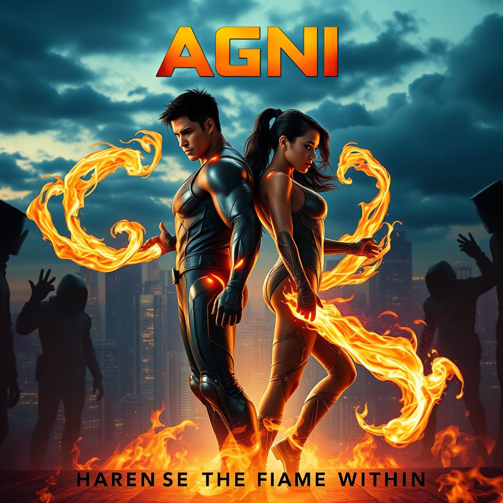 A cinematic sci-fi action superhero film poster titled 'AGNI'