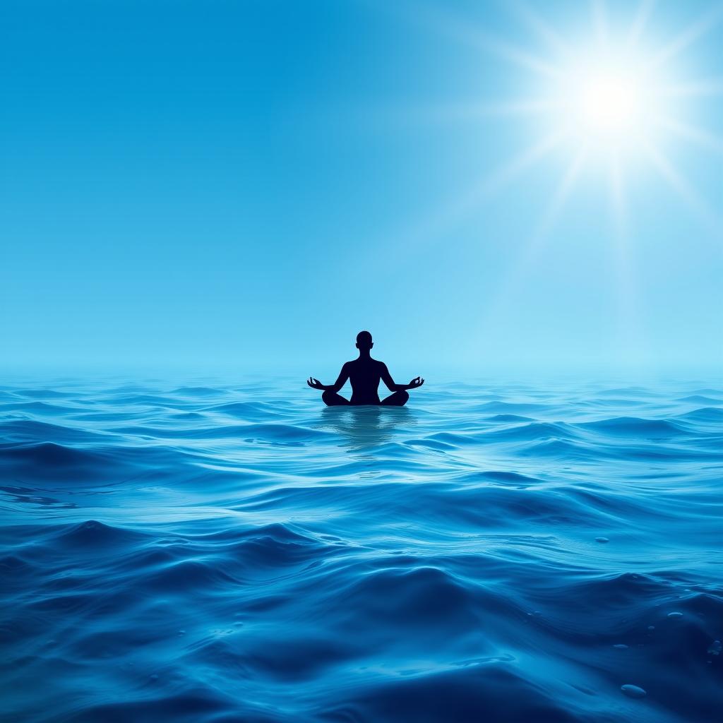 A serene and tranquil image featuring a gradient background transitioning from deep ocean blue at the bottom to a bright and peaceful sky at the top, symbolizing the journey of self-discovery