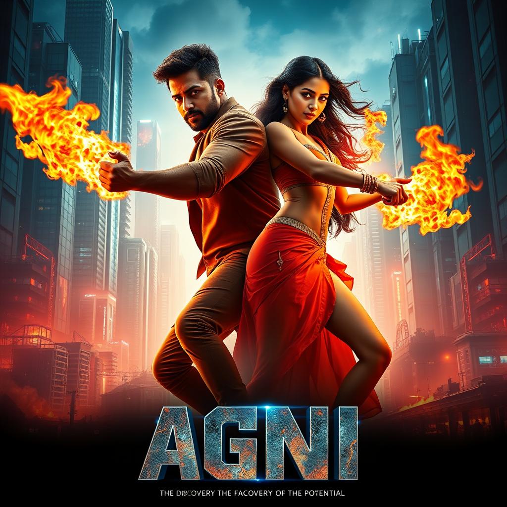 A cinematic sci-fi action superhero film poster titled 'AGNI'