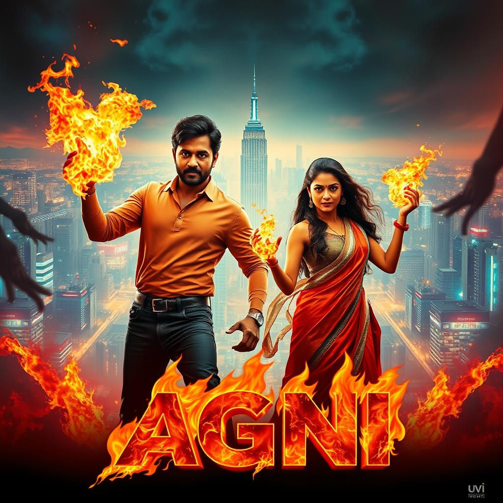 A cinematic sci-fi action superhero film poster named 'AGNI'