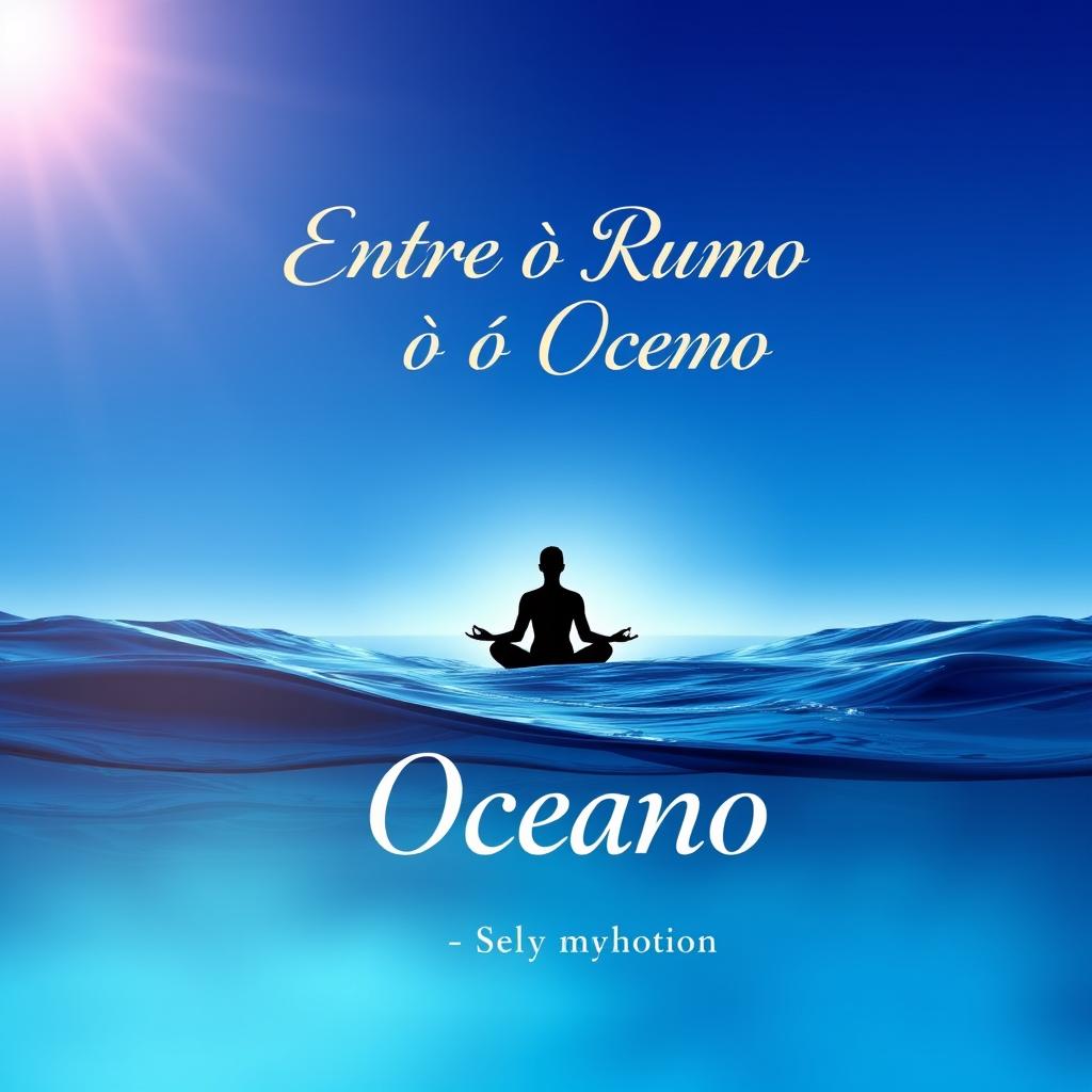 A book cover design titled "Entre o Rumo e o Oceano" featuring a beautiful gradient background transitioning from deep ocean blue at the bottom to a serene and illuminated sky at the top, symbolizing the journey of self-knowledge