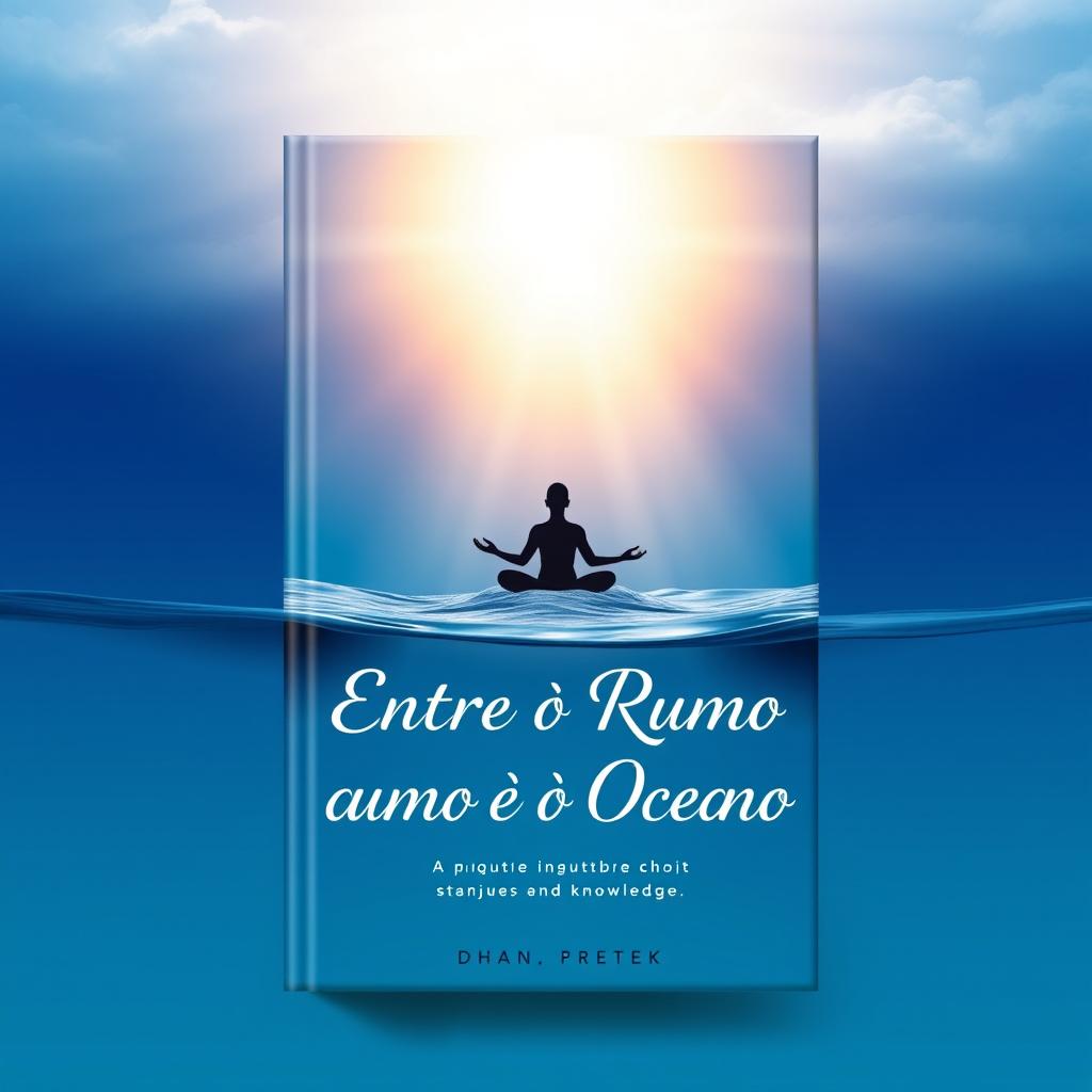 A book cover design titled "Entre o Rumo e o Oceano" featuring a beautiful gradient background transitioning from deep ocean blue at the bottom to a serene and illuminated sky at the top, symbolizing the journey of self-knowledge