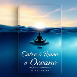 A book cover design titled "Entre o Rumo e o Oceano" featuring a beautiful gradient background transitioning from deep ocean blue at the bottom to a serene and illuminated sky at the top, symbolizing the journey of self-knowledge