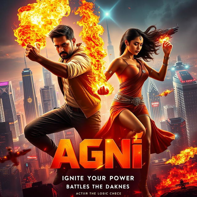 A cinematic sci-fi action superhero film poster titled 'AGNI', depicting a modern Indian man and woman harnessing the power of fire