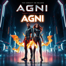 A cinematic sci-fi action superhero film poster titled 'AGNI', showcasing a sleek, neon-lit future where technology and magic intertwine