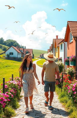 Two people entering a picturesque village, surrounded by lush green fields and quaint houses with colorful facades