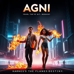 A cinematic sci-fi action superhero film poster titled 'AGNI', showcasing a sleek, neon-lit future where technology and magic intertwine