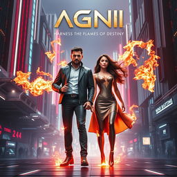 A cinematic sci-fi action superhero film poster titled 'AGNI', showcasing a sleek, neon-lit future where technology and magic intertwine