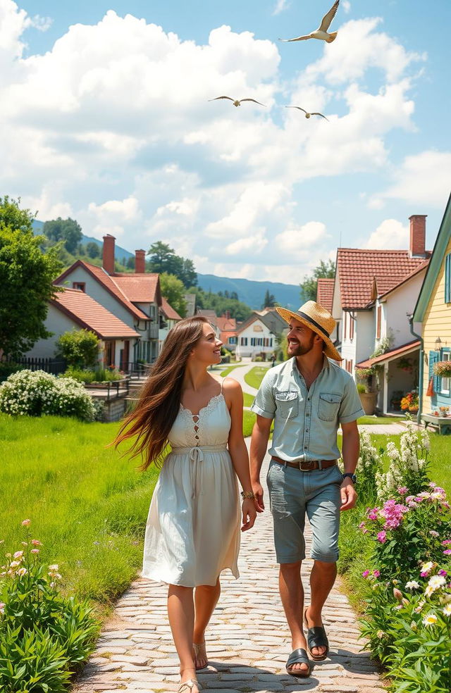 Two people entering a picturesque village, surrounded by lush green fields and quaint houses with colorful facades