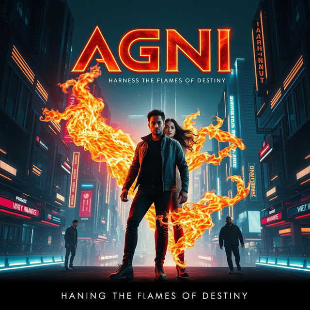 A cinematic sci-fi action superhero film poster titled 'AGNI', showcasing a sleek, neon-lit future where technology and magic intertwine