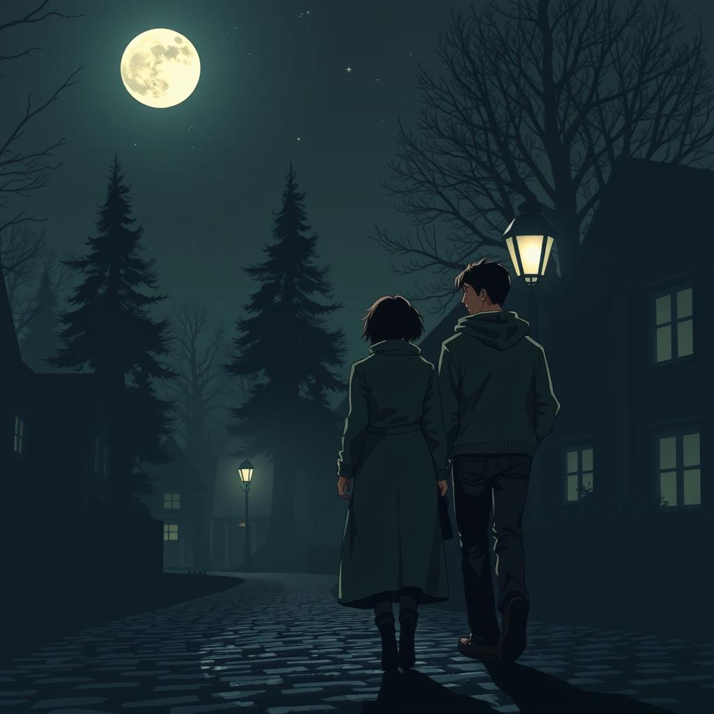 Two figures leaving a dimly lit village at night, surrounded by shadowy outlines of quaint houses and tall trees under a starry sky