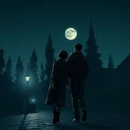 Two figures leaving a dimly lit village at night, surrounded by shadowy outlines of quaint houses and tall trees under a starry sky