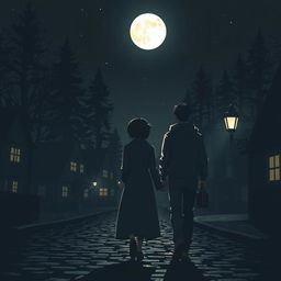 Two figures leaving a dimly lit village at night, surrounded by shadowy outlines of quaint houses and tall trees under a starry sky