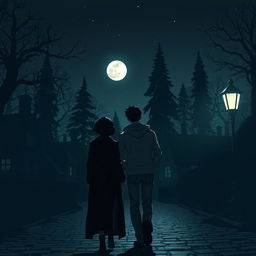 Two figures leaving a dimly lit village at night, surrounded by shadowy outlines of quaint houses and tall trees under a starry sky