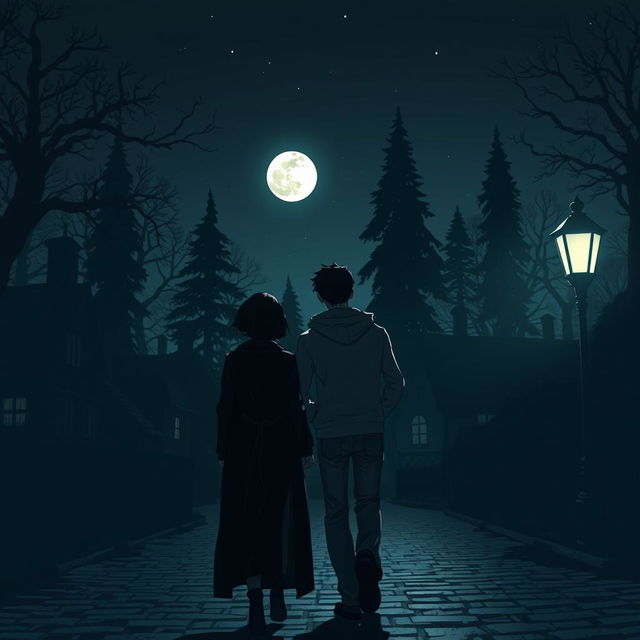 Two figures leaving a dimly lit village at night, surrounded by shadowy outlines of quaint houses and tall trees under a starry sky