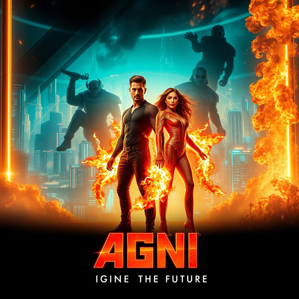 A cinematic sci-fi action superhero film poster titled 'AGNI', featuring a sleek, neon-lit future where technology and magic intertwine