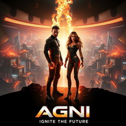 A cinematic sci-fi action superhero film poster titled 'AGNI', featuring a sleek, neon-lit future where technology and magic intertwine