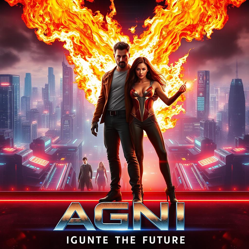 A cinematic sci-fi action superhero film poster titled 'AGNI', featuring a sleek, neon-lit future where technology and magic intertwine