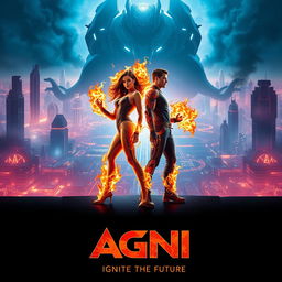 A cinematic sci-fi action superhero film poster titled 'AGNI', featuring a sleek, neon-lit future where technology and magic intertwine