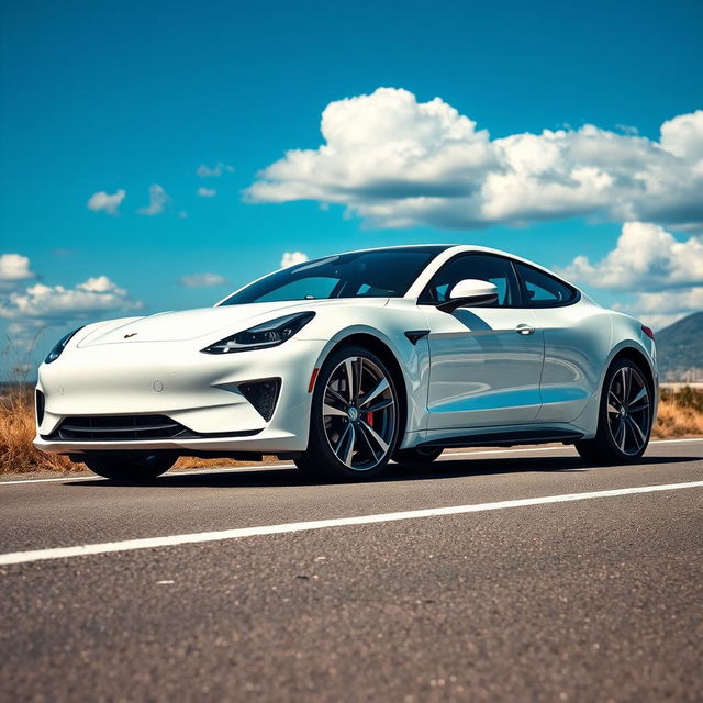 A sleek and modern white car parked on a scenic road