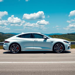 A sleek and modern white car parked on a scenic road