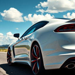 A sleek and modern white car parked on a scenic road