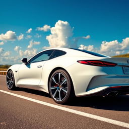 A sleek and modern white car parked on a scenic road