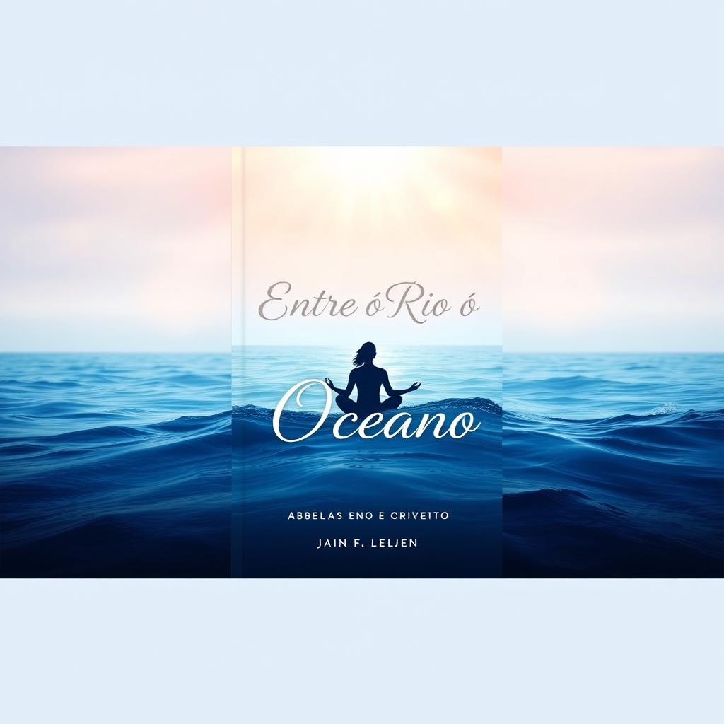 A book cover design titled "Entre o Rio e o Oceano" featuring a captivating gradient background that transitions from deep ocean blue at the bottom to a serene and illuminated sky at the top, symbolizing the journey of self-discovery