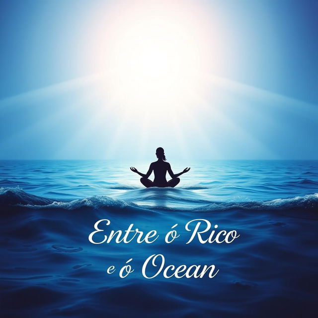 A book cover design titled "Entre o Rio e o Oceano" featuring a captivating gradient background that transitions from deep ocean blue at the bottom to a serene and illuminated sky at the top, symbolizing the journey of self-discovery