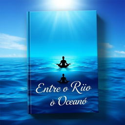 A book cover design titled "Entre o Rio e o Oceano" featuring a captivating gradient background that transitions from deep ocean blue at the bottom to a serene and illuminated sky at the top, symbolizing the journey of self-discovery