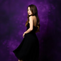 A young woman standing with her back to the viewer, wearing a stylish black dress that flows gently