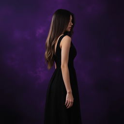 A young woman standing with her back to the viewer, wearing a stylish black dress that flows gently